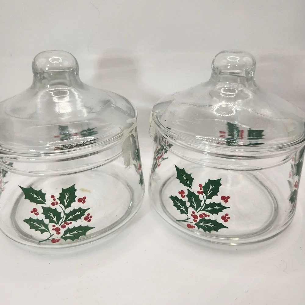 Vintage Christmas Holly Berry Glass Canister Set of 2 Holiday Candy Jars Lids